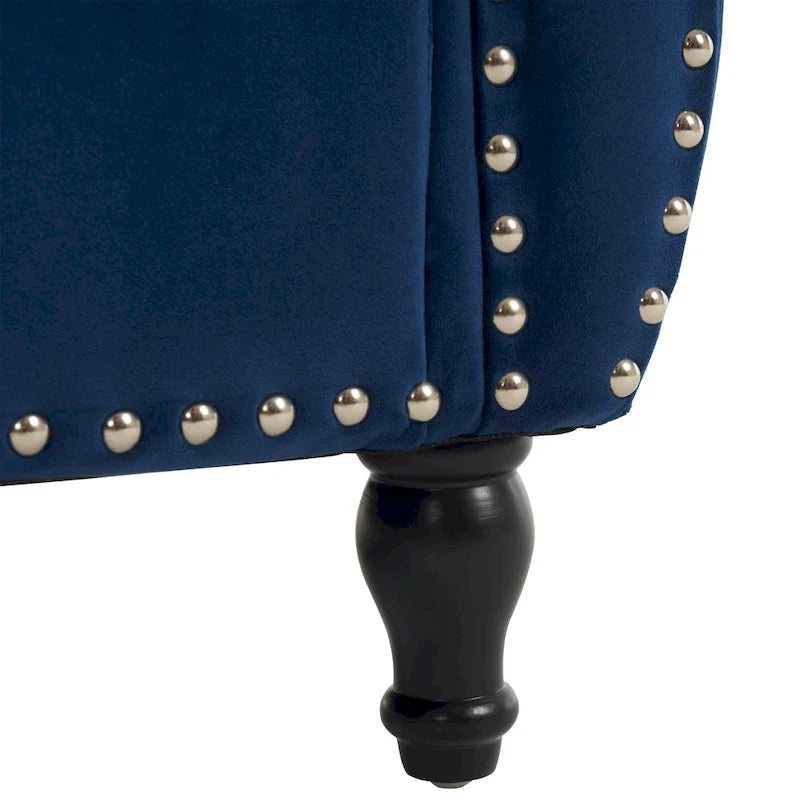 Banc de rangement ottoman en velours avec accoudoirs roulés et garniture cloutée beige