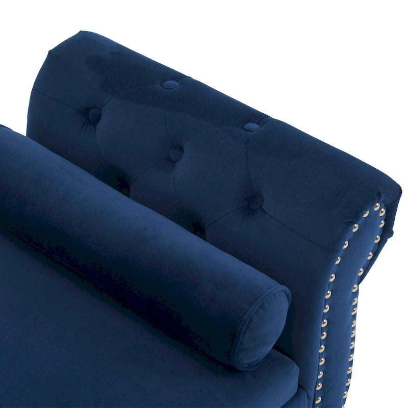 Banc de rangement ottoman en velours avec accoudoirs roulés et garniture cloutée beige