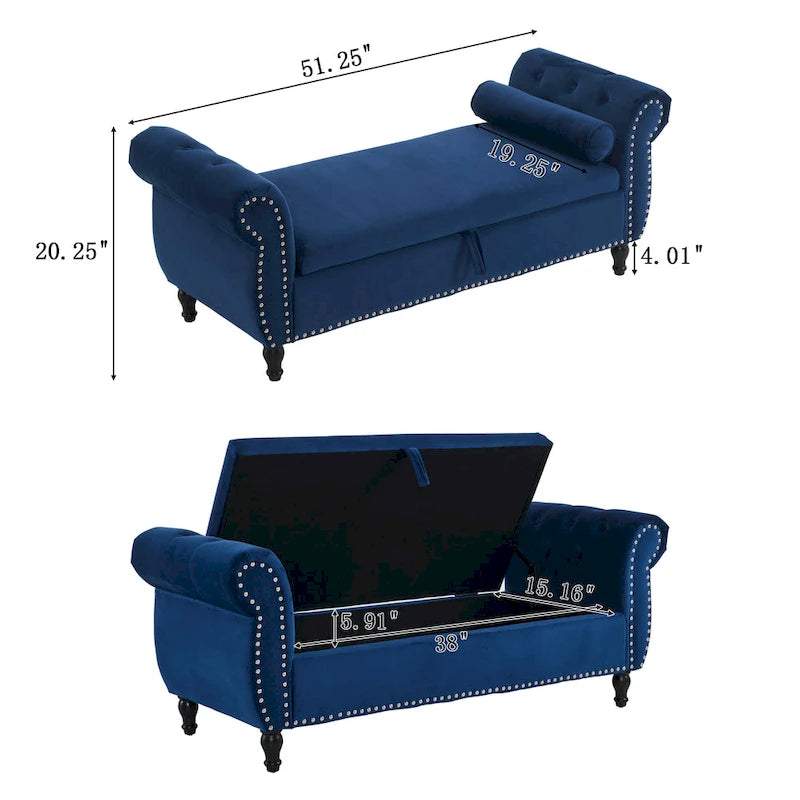 Banc de rangement ottoman en velours avec accoudoirs roulés et garniture cloutée beige