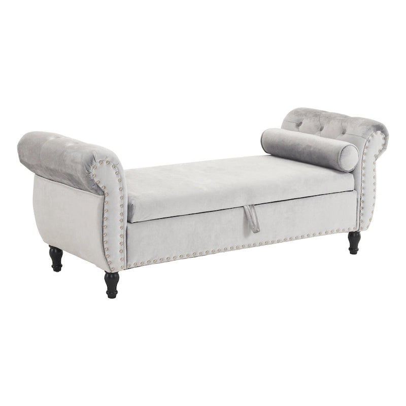Banc de rangement ottoman en velours avec accoudoirs roulés et garniture cloutée beige