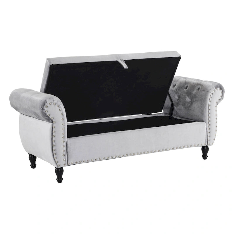 Banc de rangement ottoman en velours avec accoudoirs roulés et garniture cloutée beige