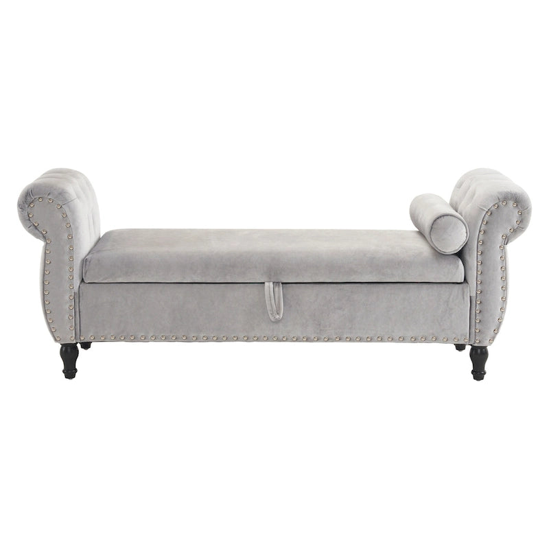 Banc de rangement ottoman en velours avec accoudoirs roulés et garniture cloutée beige