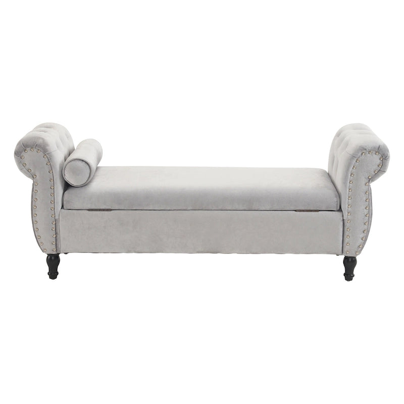 Banc de rangement ottoman en velours avec accoudoirs roulés et garniture cloutée beige