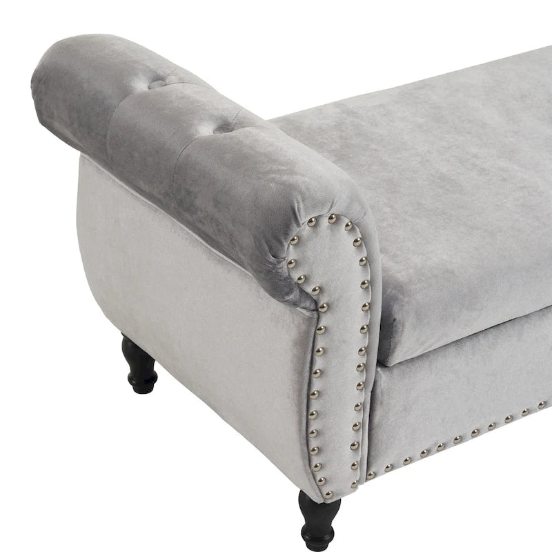 Banc de rangement ottoman en velours avec accoudoirs roulés et garniture cloutée beige
