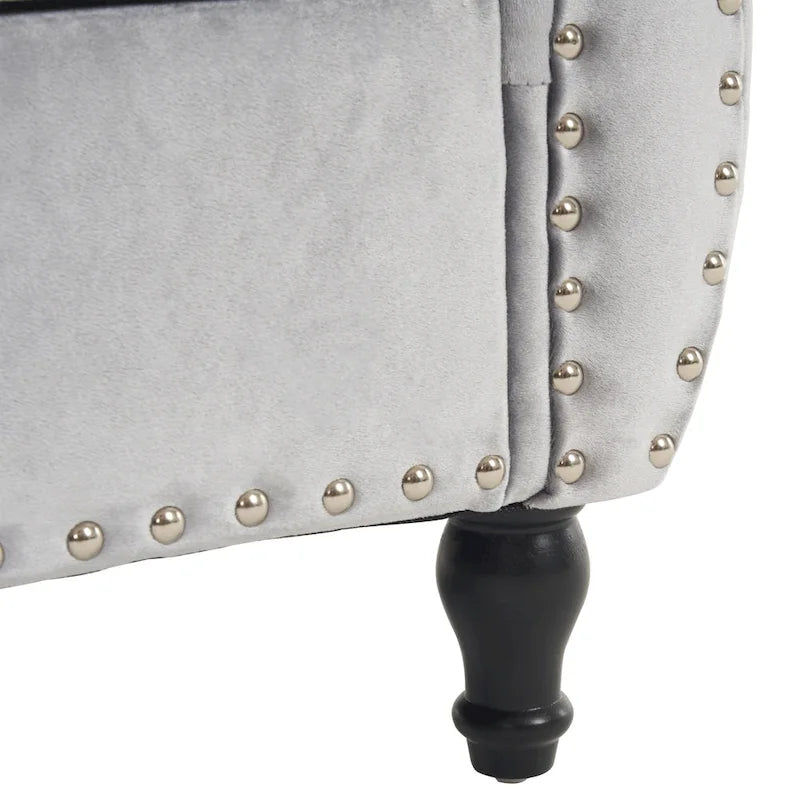 Banc de rangement ottoman en velours avec accoudoirs roulés et garniture cloutée beige