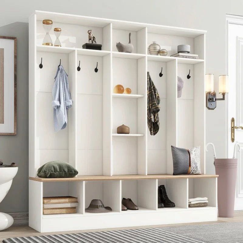 Meuble d'entrée avec banc de rangement, patères et casiers à chaussures