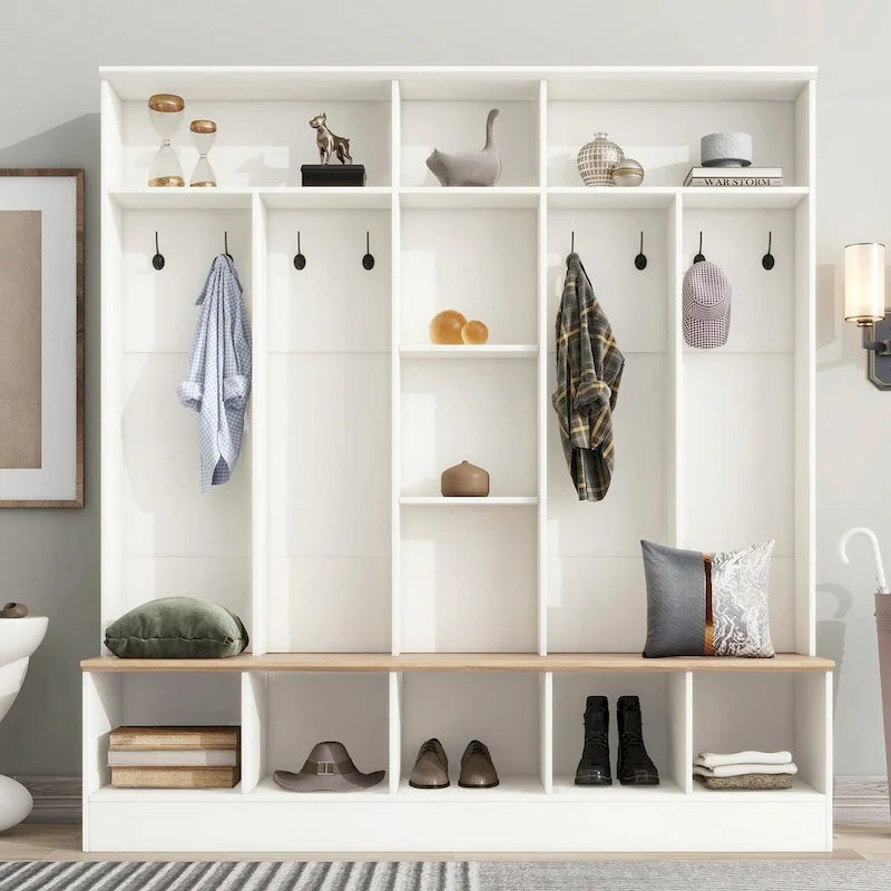 Meuble d'entrée avec banc de rangement, patères et casiers à chaussures