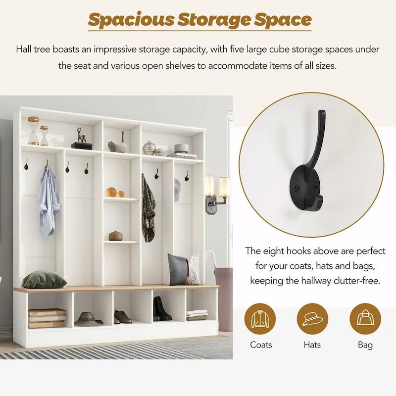Meuble d'entrée avec banc de rangement, patères et casiers à chaussures
